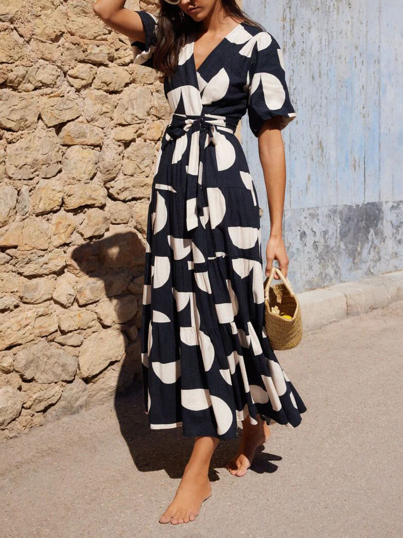 Puff Sleeve V-Neck Geometric Print Midi Dress