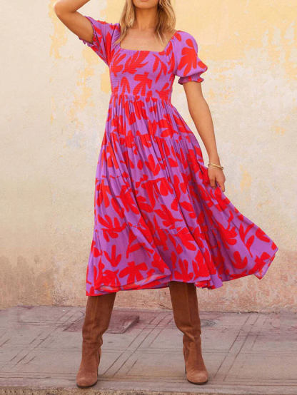 Puff Sleeve Square Neck Printed Midi Dress