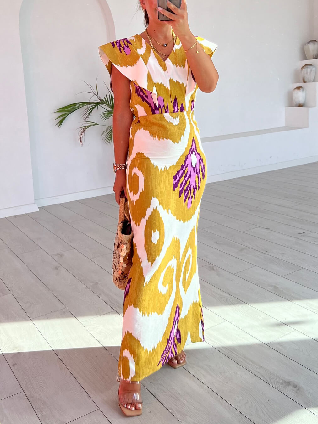 Unique Painted Print V-Neck Fishtail Maxi Dress