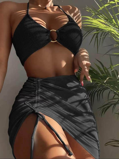 Solid Color Sexy Halterneck Three-Piece Swimsuit Bikini