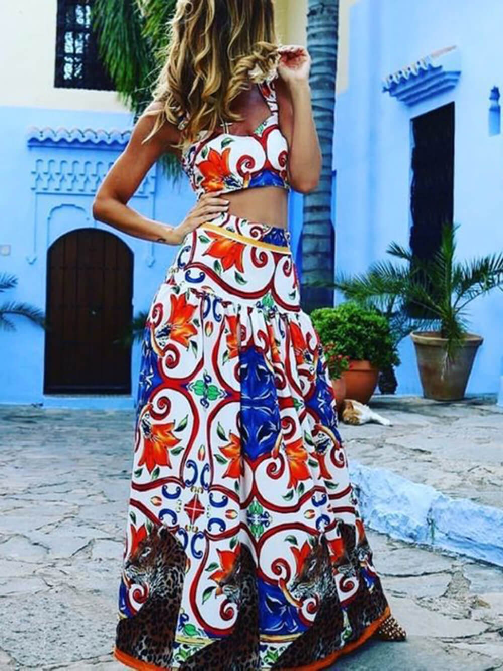 Beach Temperament Halter Print Dress Two-Piece Set