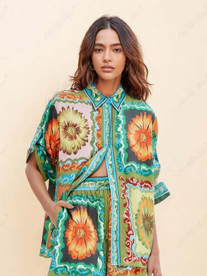 Sunflower Print Button-Down Oversized Shirt