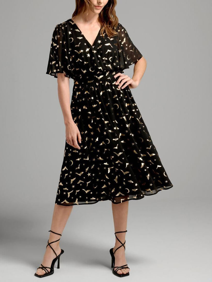 Unique Bat Print V-Neck Midi Dress