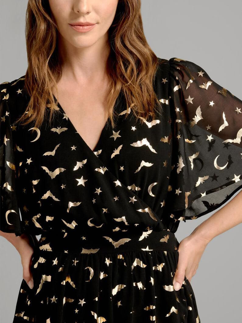 Unique Bat Print V-Neck Midi Dress