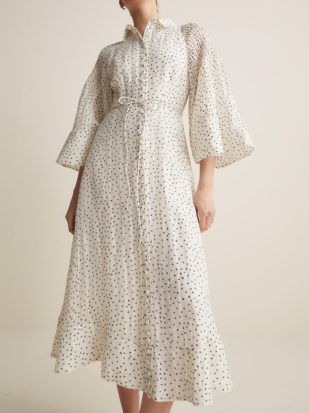 Elegant Puff Sleeve Polka Dot Print Midi Shirt Dress