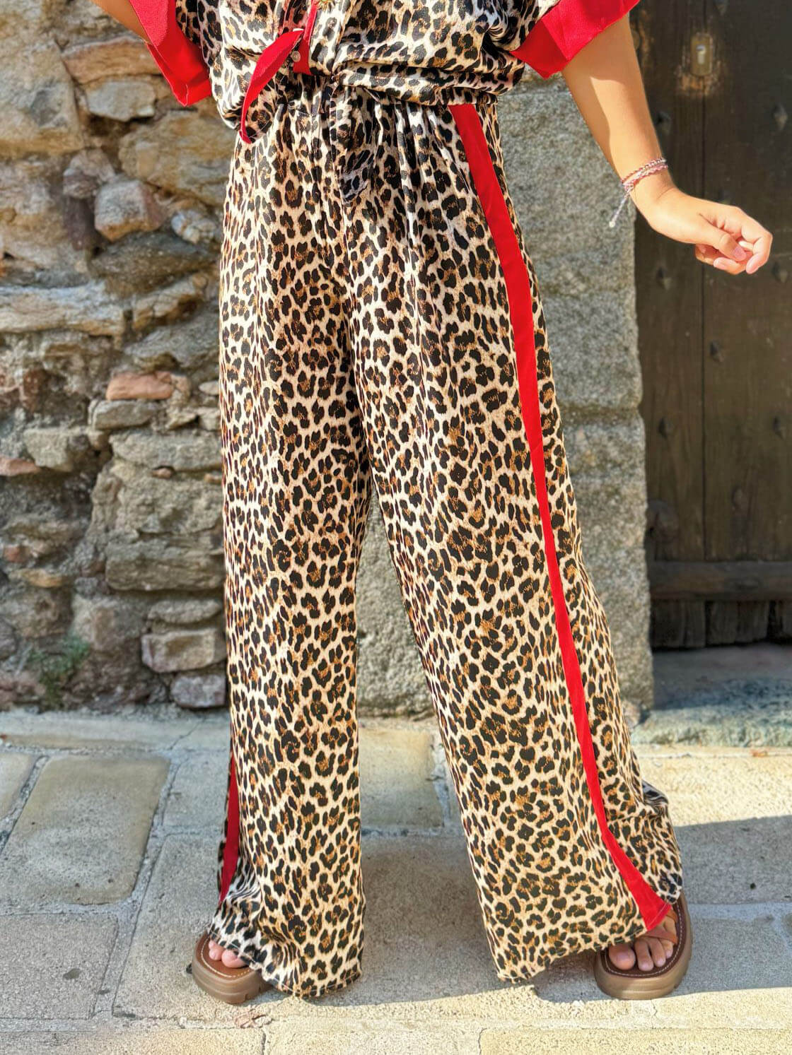 Exquisite Leopard Floral Print Contrast Wide-Leg Pants