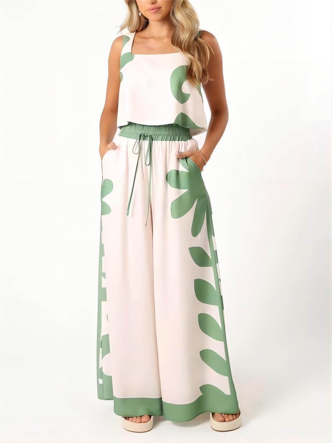 Sleeveless Folk Floral Loose Wide-Leg Pants Two-Piece Set