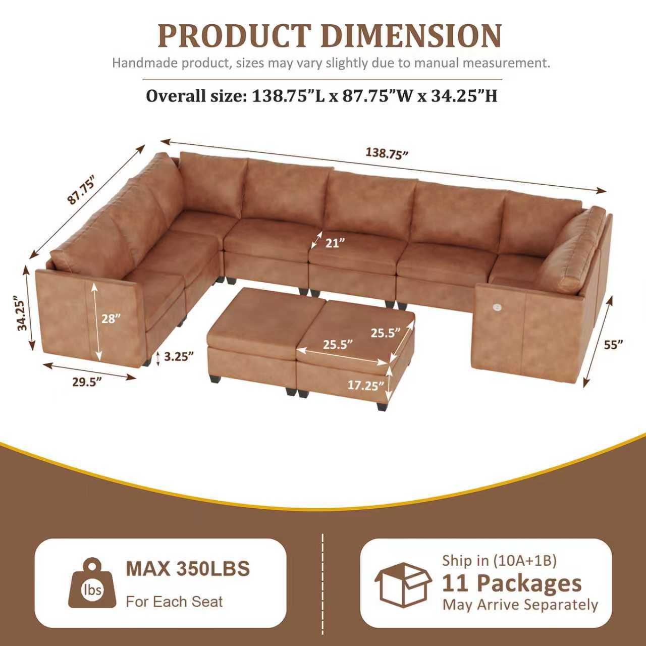 Pationate Faux Leather Sectional Couches for Living Room, 138.5" U Shaped 10 Seater