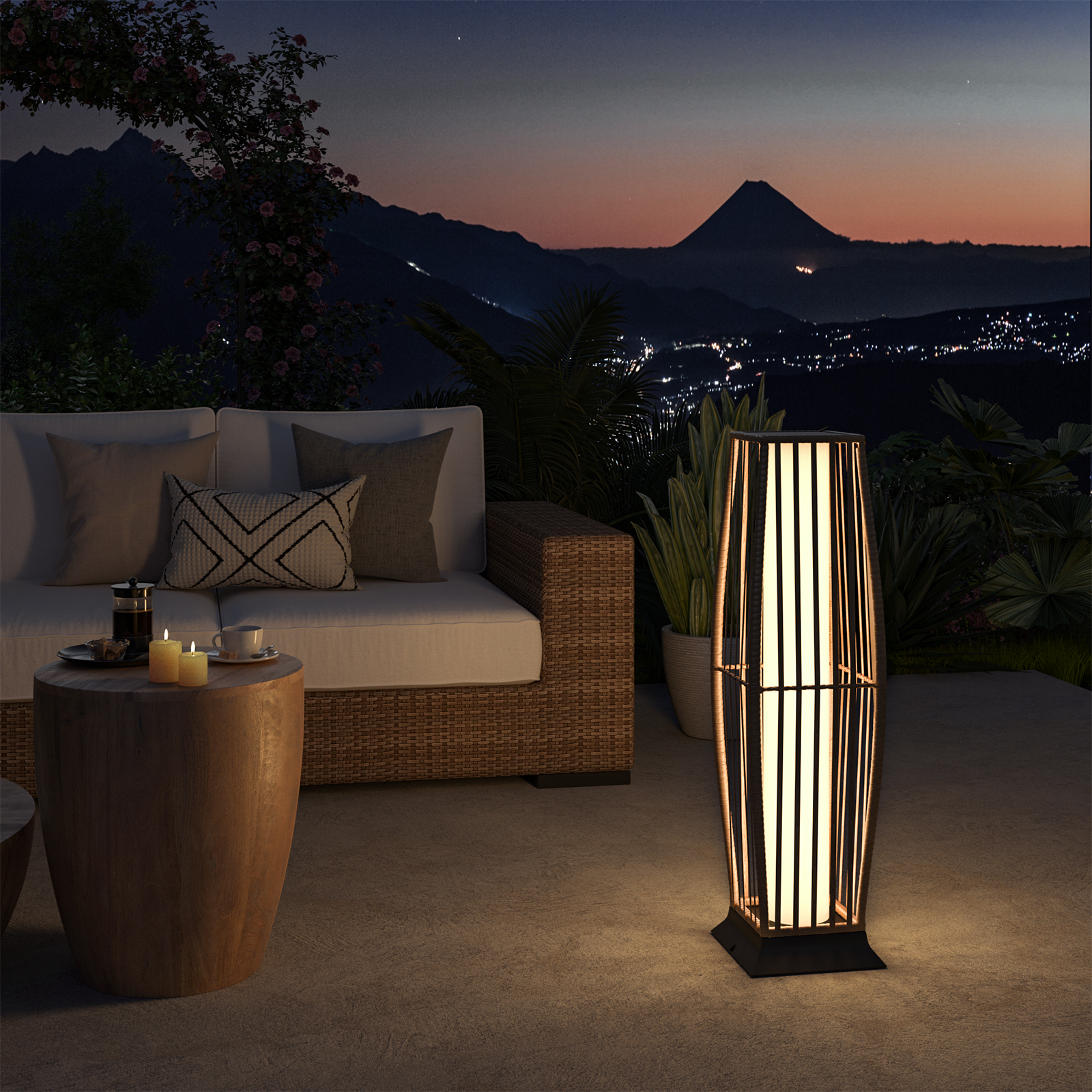 Rattan Outdoor Floor Lamp Set of 2, Boho Solar Porch Lights Outdoor Waterproof for Patio, Garden, Balcony & Deck, Natural (Vertical)