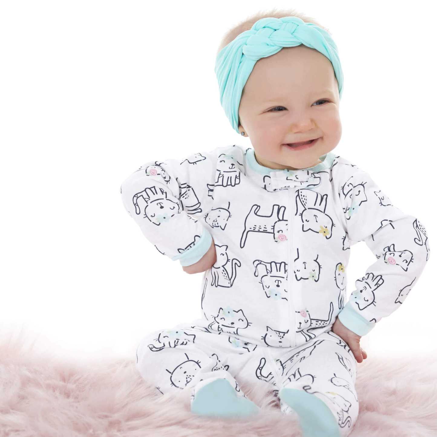 6-Piece Baby Girls Cat Onesies Brand Bodysuit & Sleep N' Play Set