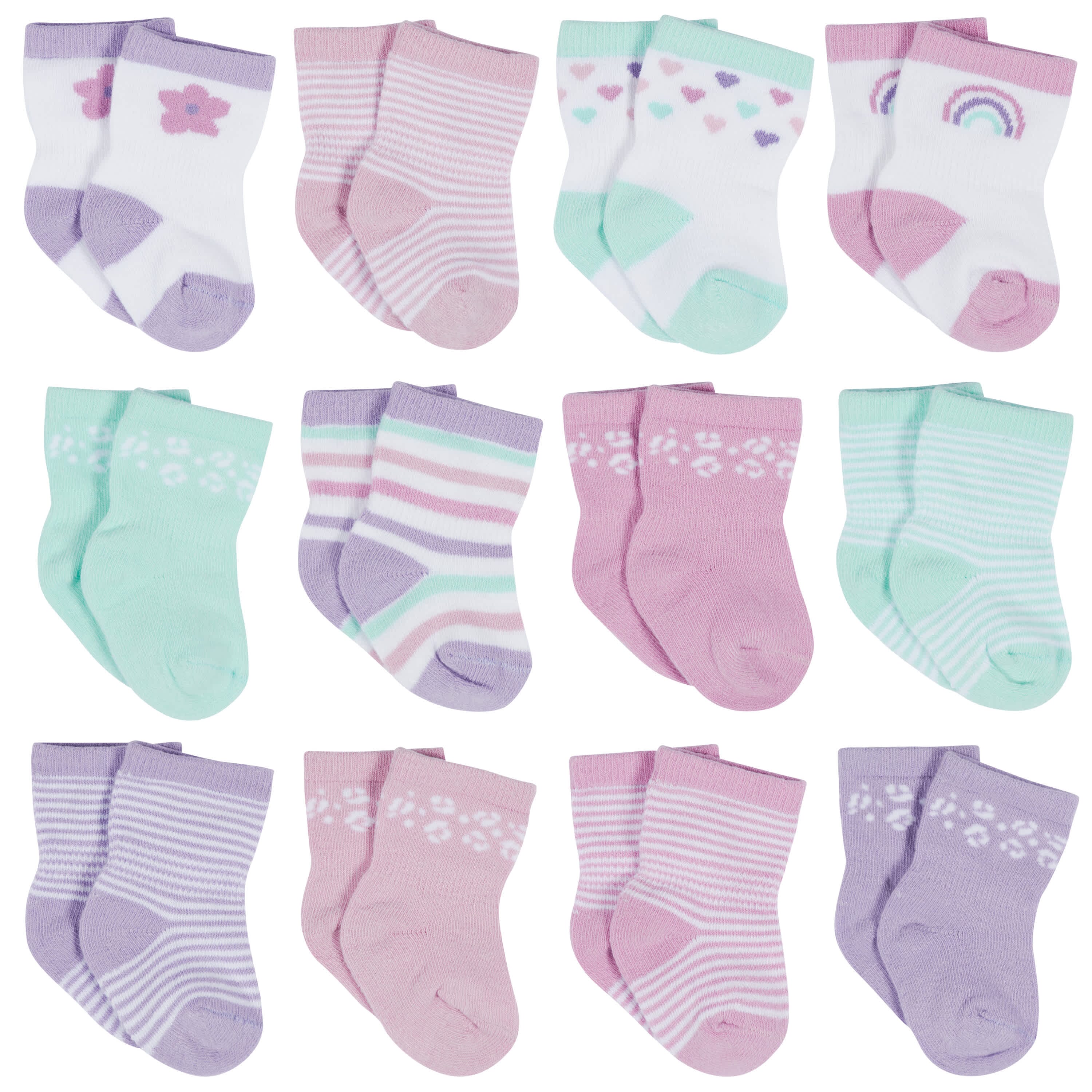 12-Pack Baby & Toddler Girls Rainbow Floral Jersey Crew Wiggle Proof Socks