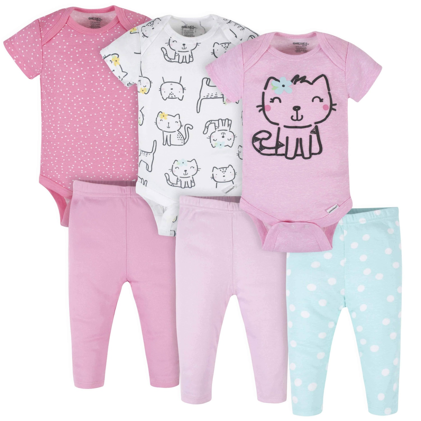 6-Piece Baby Girls Cat Onesies Brand Bodysuits & Pants Set
