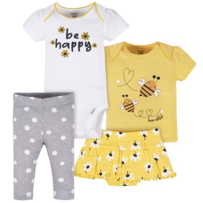 4-Piece Baby Girls Bee Garden Onesies Bodysuit, Tee, Skort & Pant Set