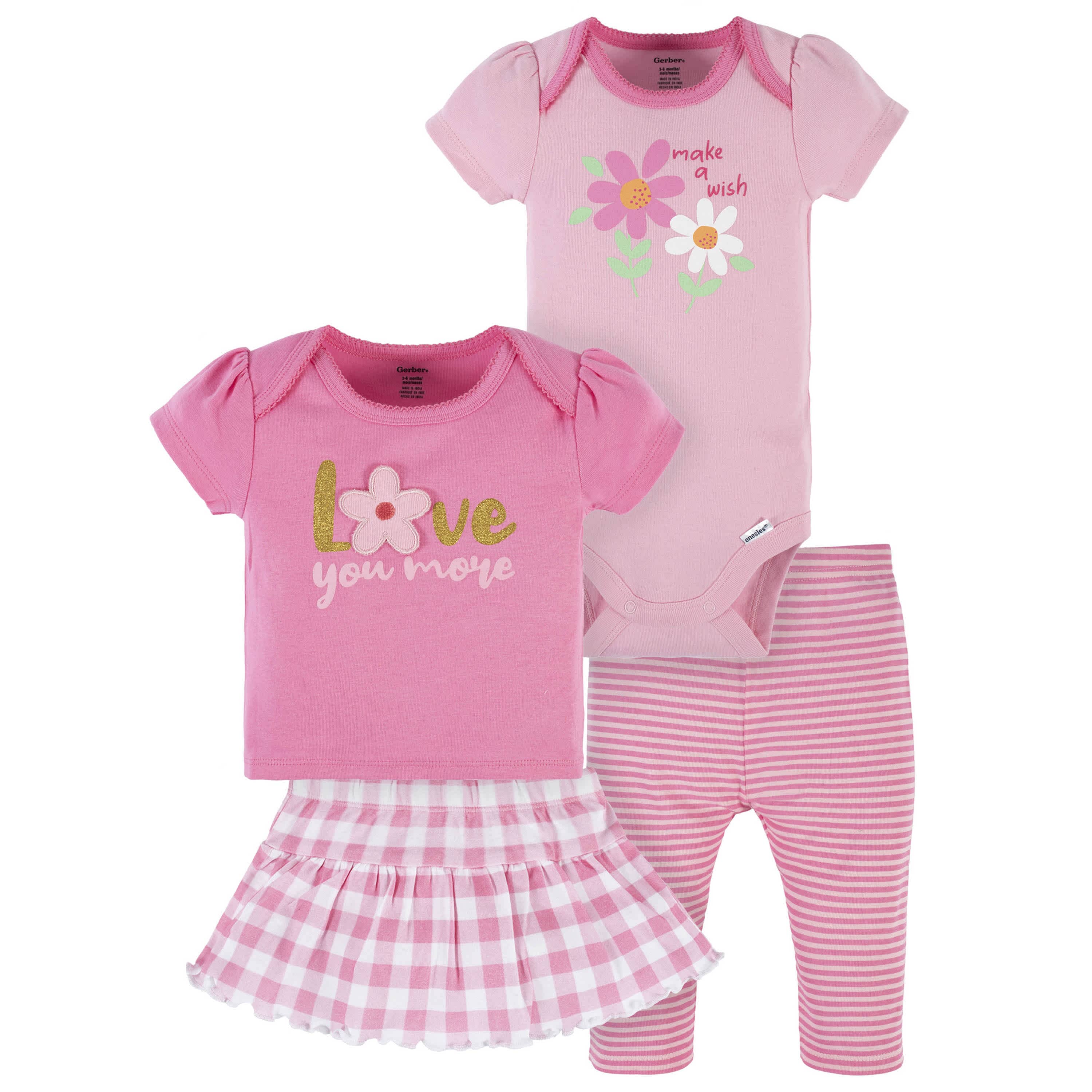 4-Piece Baby Girls Summer Blossom Onesies Bodysuit, Tee, Skort & Pant Set