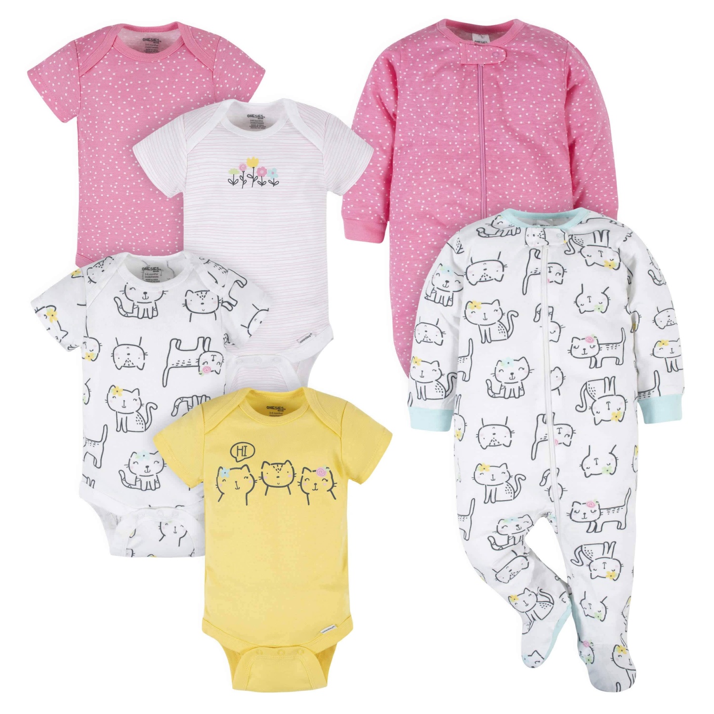 6-Piece Baby Girls Cat Onesies Brand Bodysuit & Sleep N' Play Set