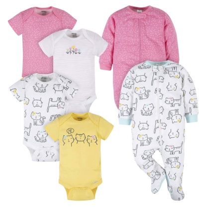 6-Piece Baby Girls Cat Onesies Brand Bodysuit & Sleep N' Play Set
