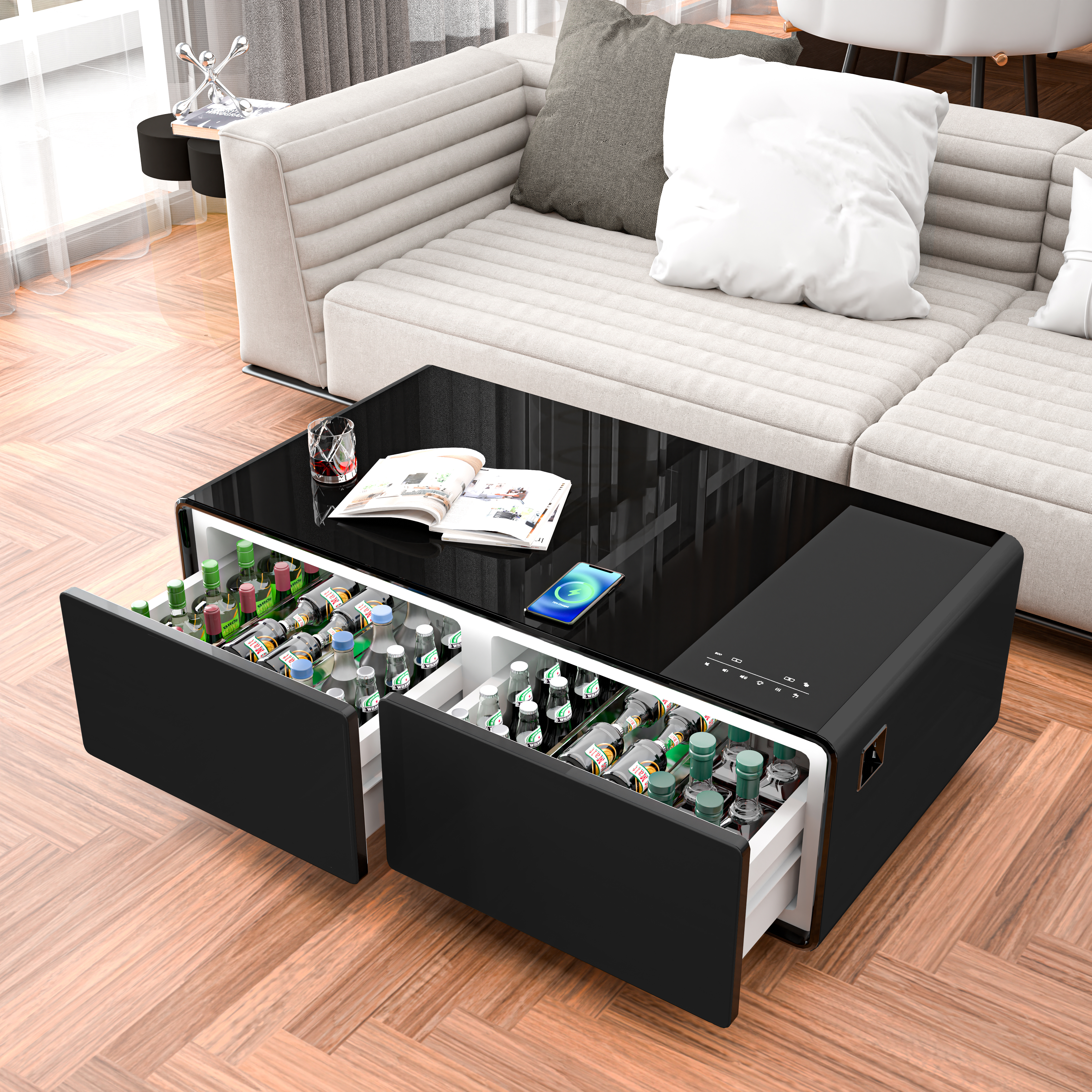 Modern Smart Coffee Table with Built-in Fridge, Bluetooth Speaker, Wireless Charging Module, Touch Control Panel, Power Socket, USB Interface, Outlet Protection, Atmosphere light