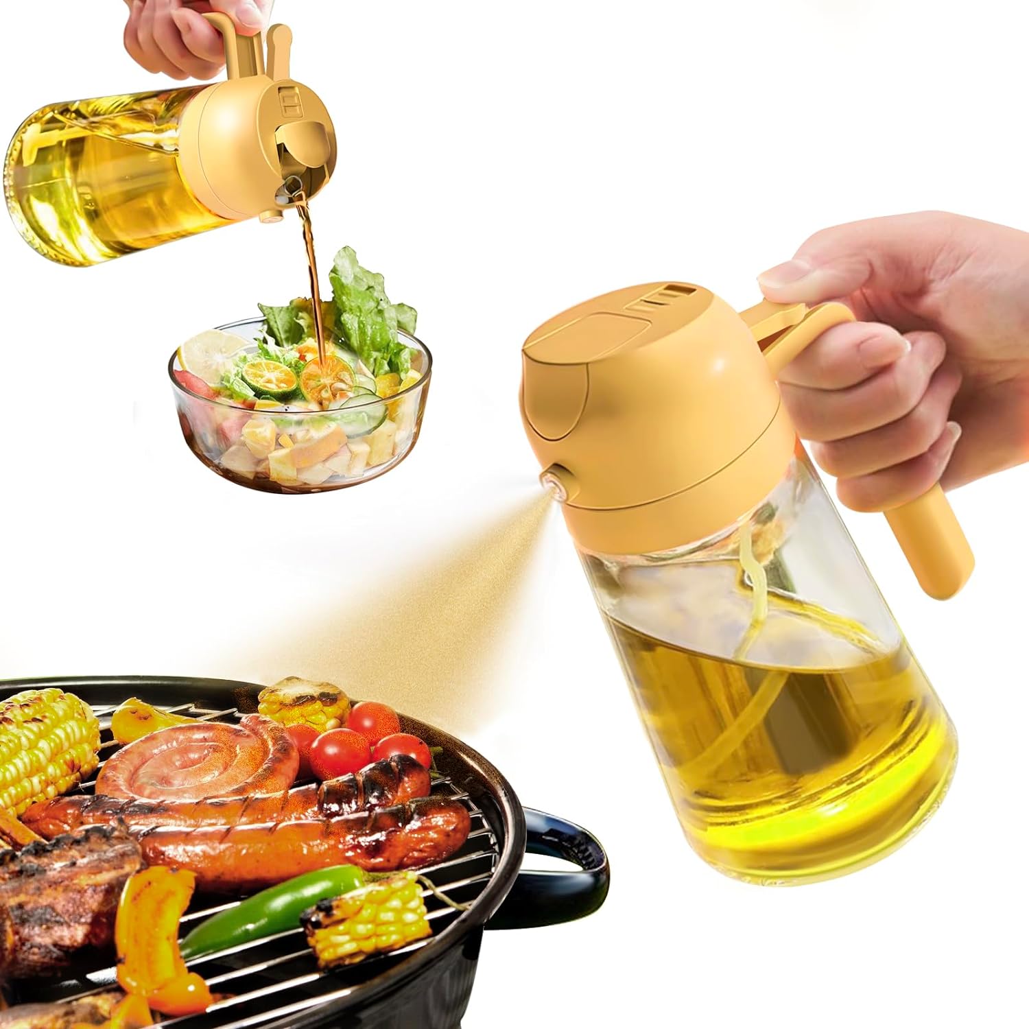 Oil Sprayer for Cooking, 2 in 1 Olive Oil Dispenser Bottle for Kitchen, 16oz/470ml Premium Glass Oil Bottle, Food-grade Oil Mister for Air Fryer, Salad, Frying, BBQ (Black)