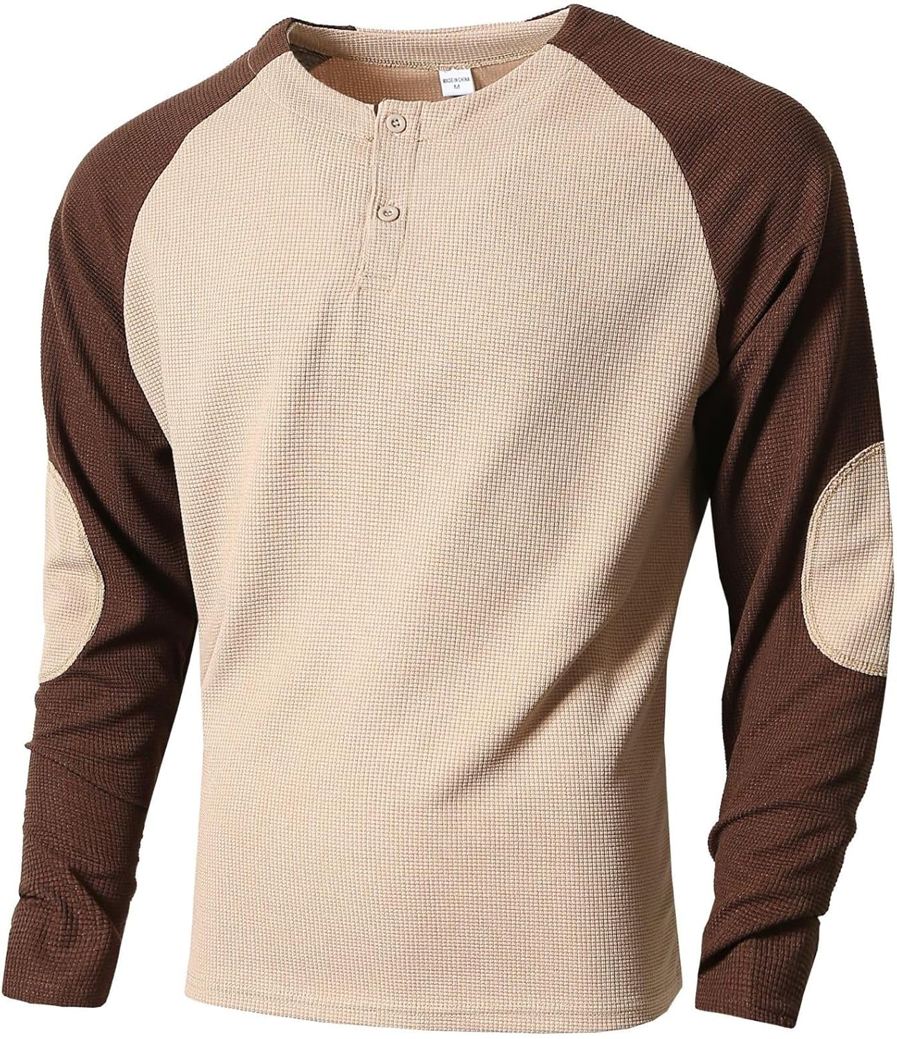 Men's Waffle Knit Sweatshirts Long Sleeve Round Neck Button Color Block Pullover Tops Casual Loose Fit Soft Hooded