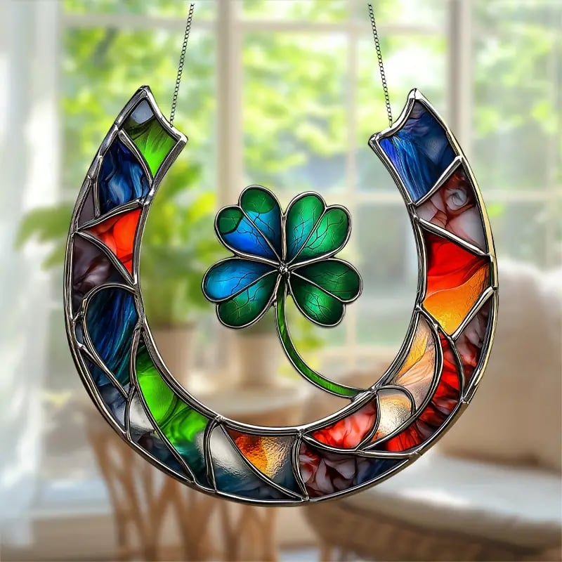 🍀Handmade Lucky Four-Leaf Clover & Horseshoe Stained Suncatcher🧲