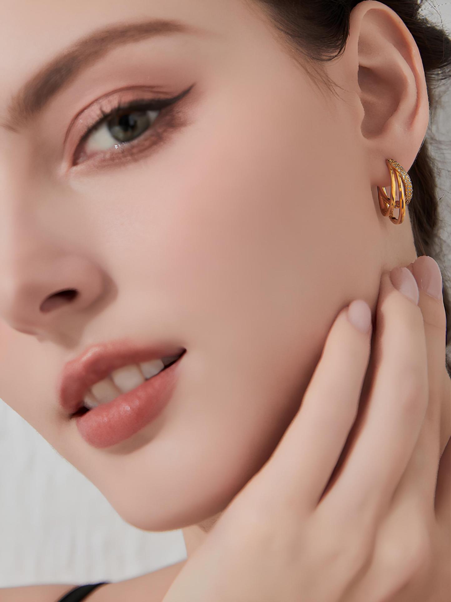 Attentionme®18K Gold Plated Sterling Silver Diamond Geometric Earrings For Girls Gift.Inlaid with zircon earrings, easy to match for dinner parties.-Attentionme