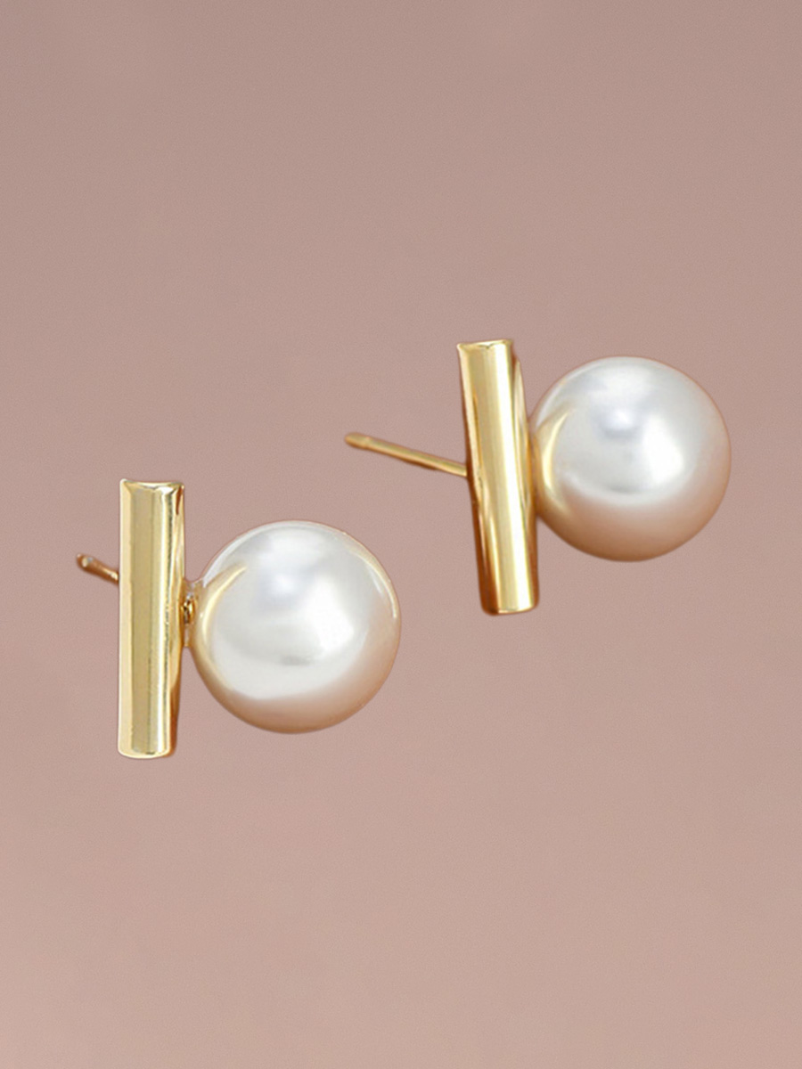 Attentionme®Fever Same Style Earrings, 18K Gold Round White Freshwater Cultured Pearl.Simple and fashionable pearl bar earrings.-Attentionme