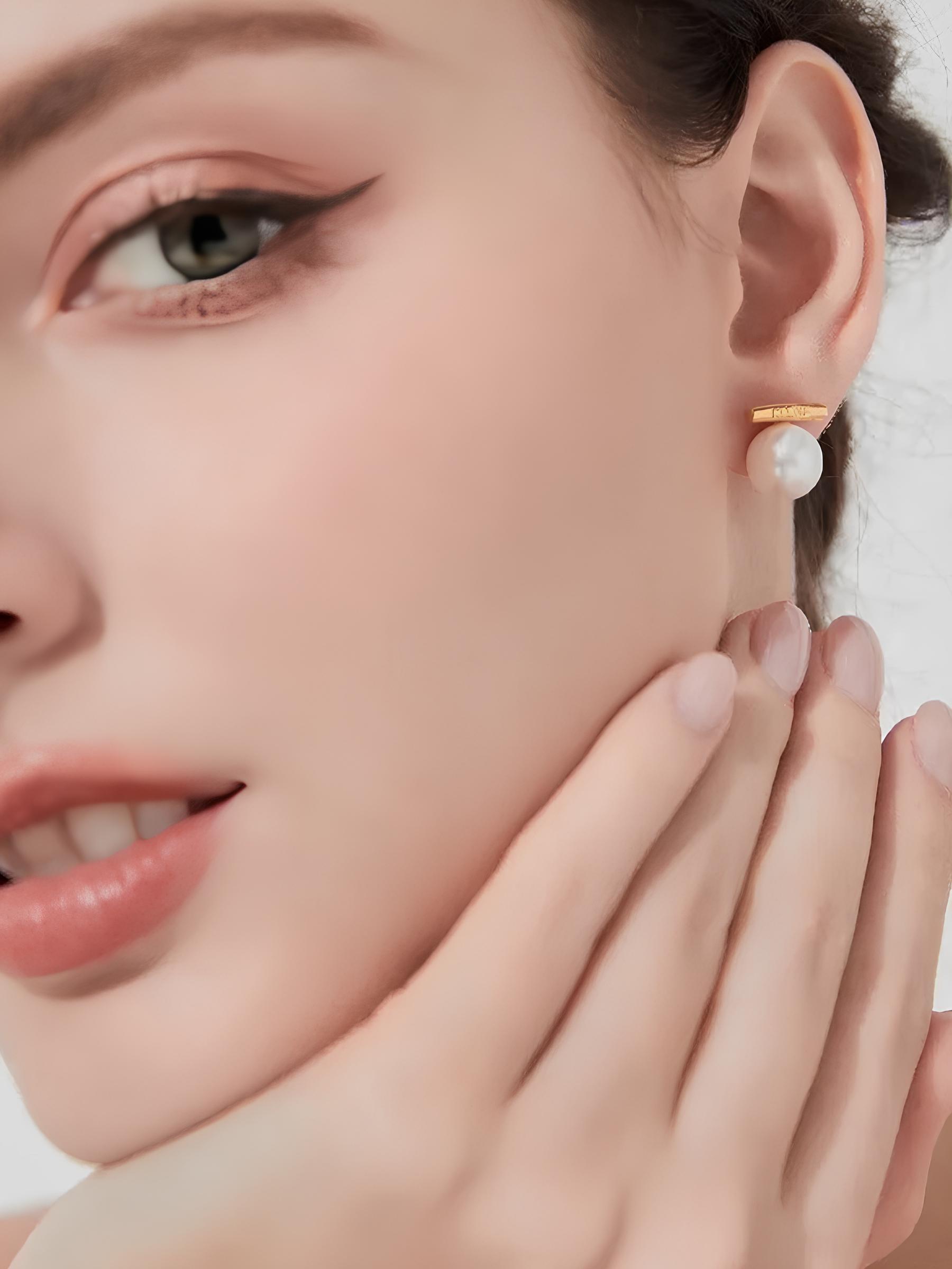 Attentionme®Fever Same Style Earrings, 18K Gold Round White Freshwater Cultured Pearl.Simple and fashionable pearl bar earrings.-Attentionme