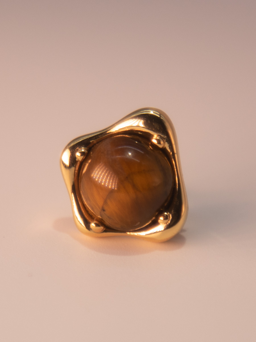 Attentionme®Valentine Tiger Eye Gold Hypoallergenic Earrings, 18k Gold Plated, Gift For Mom.Amber Round Gemstone Stud Earrings.-Attentionme