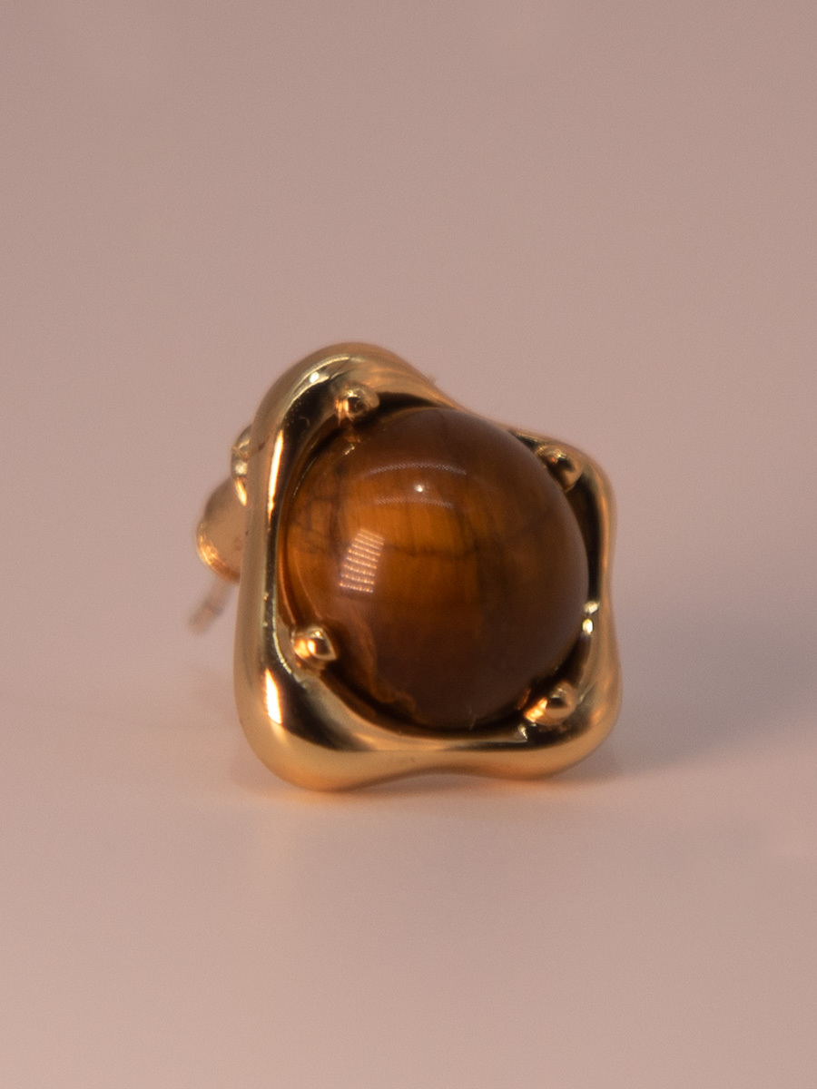 Attentionme®Valentine Tiger Eye Gold Hypoallergenic Earrings, 18k Gold Plated, Gift For Mom.Amber Round Gemstone Stud Earrings.-Attentionme