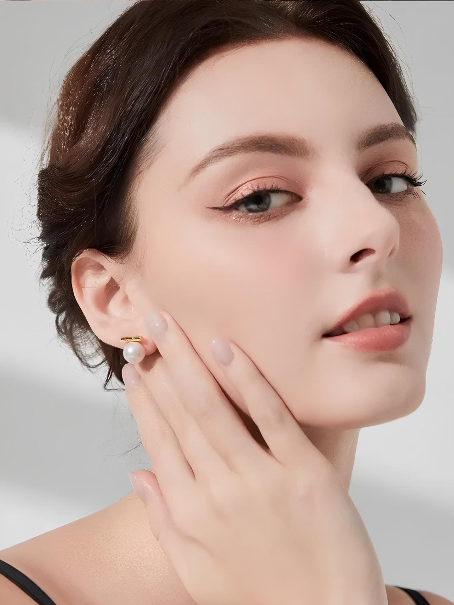 Attentionme®Fever Same Style Earrings, 18K Gold Round White Freshwater Cultured Pearl.Simple and fashionable pearl bar earrings.-Attentionme