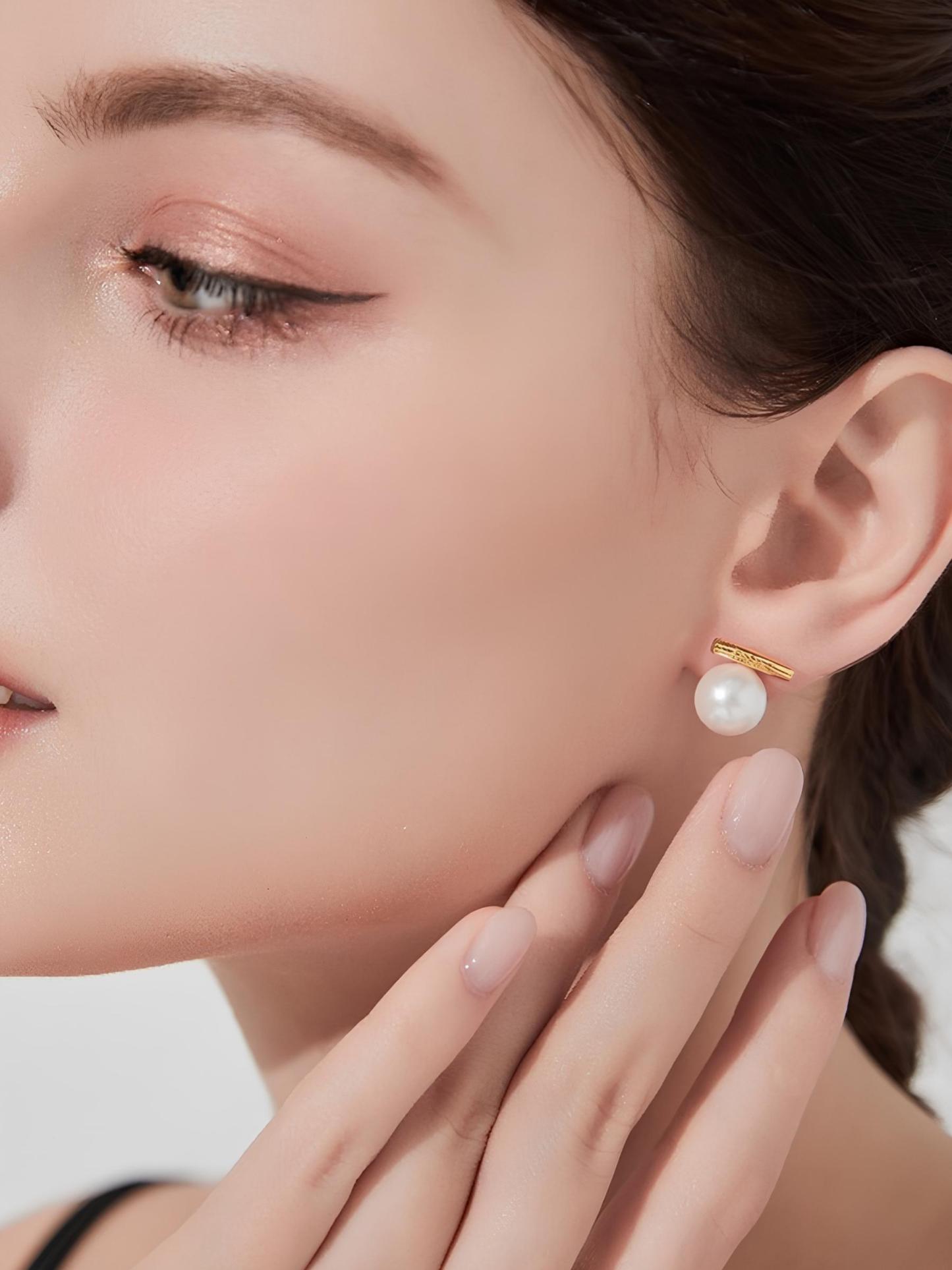 Attentionme®Fever Same Style Earrings, 18K Gold Round White Freshwater Cultured Pearl.Simple and fashionable pearl bar earrings.-Attentionme