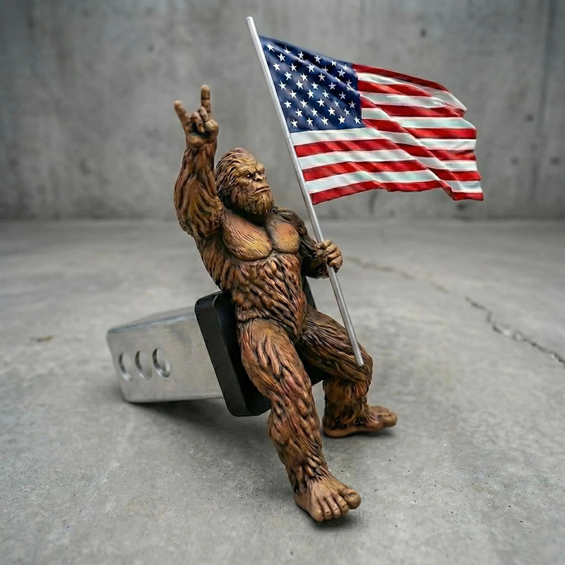 Bigfoot Rock On Hitch Cover with Waving American Flag – Patriotic Truck Accessory