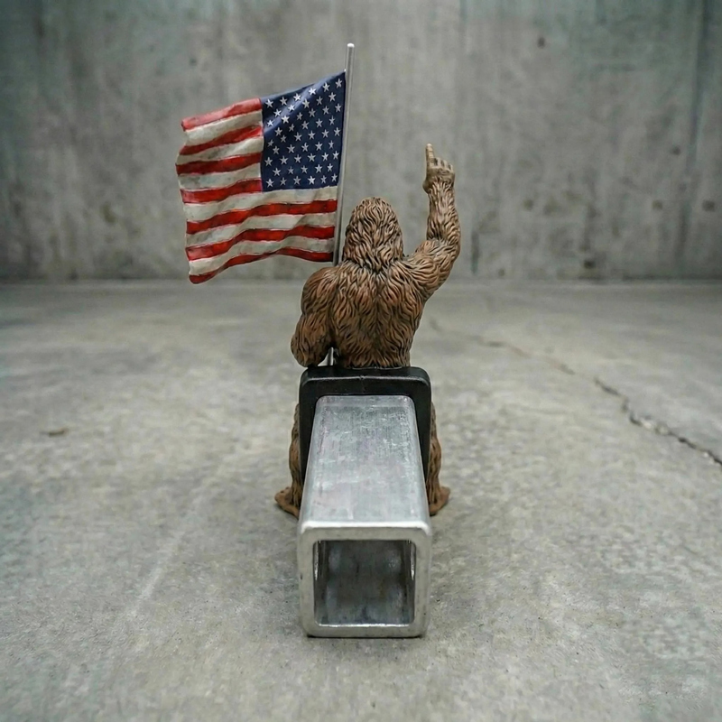 Bigfoot Rock On Hitch Cover with Waving American Flag – Patriotic Truck Accessory