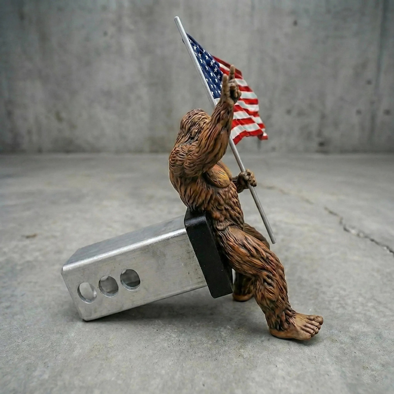 Bigfoot Rock On Hitch Cover with Waving American Flag – Patriotic Truck Accessory