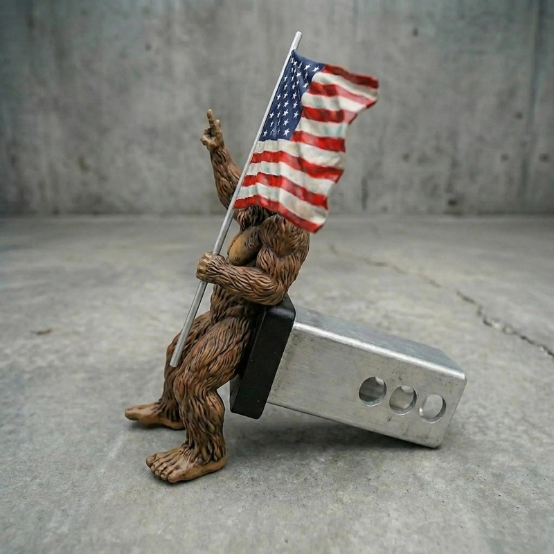 Bigfoot Rock On Hitch Cover with Waving American Flag – Patriotic Truck Accessory