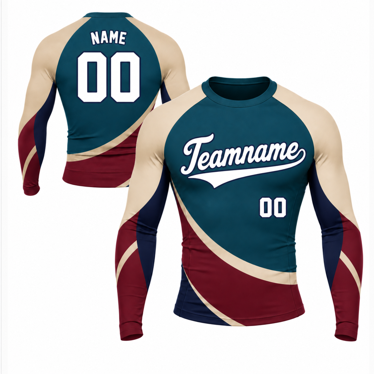 Curved Colorblock Navy Customizable Long Sleeve Compression Shirt