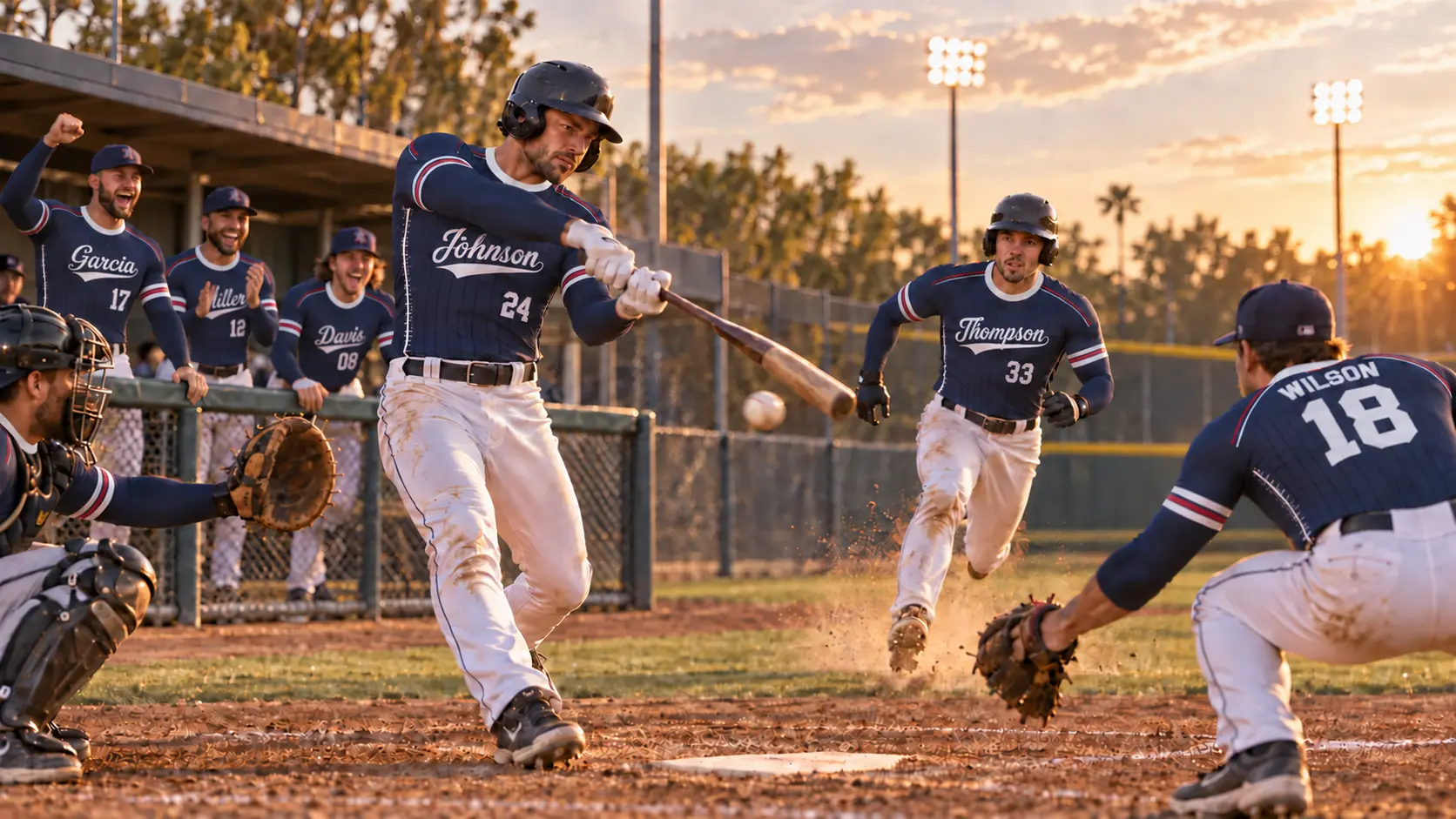 Baseball team playing in personalized navy compression shirts with custom names and numbers