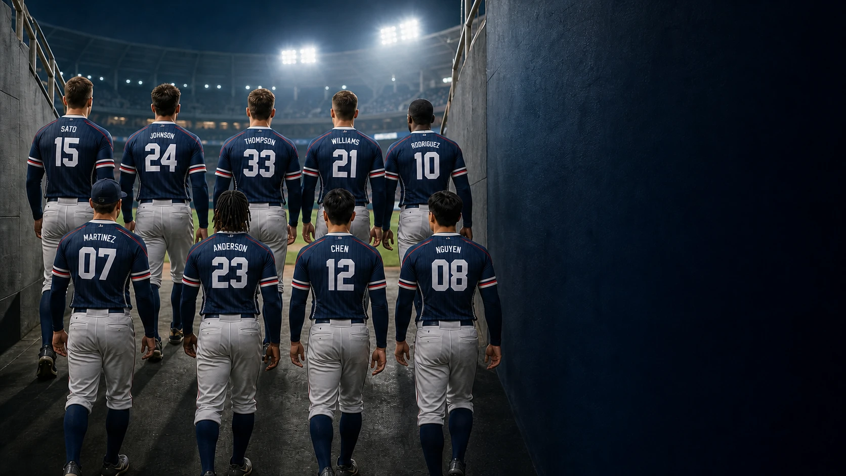Nine-player baseball team entering a stadium in the exact customizable navy and red compression shirt with compact collar-level back names and large centered numbers