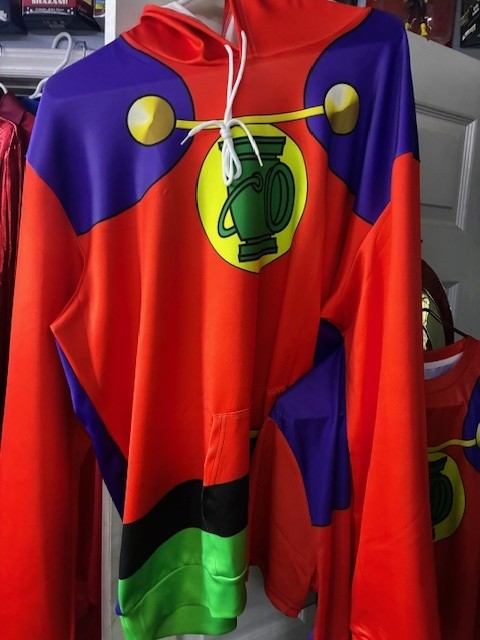 Customer wearing a Green Lantern cosplay hoodie
