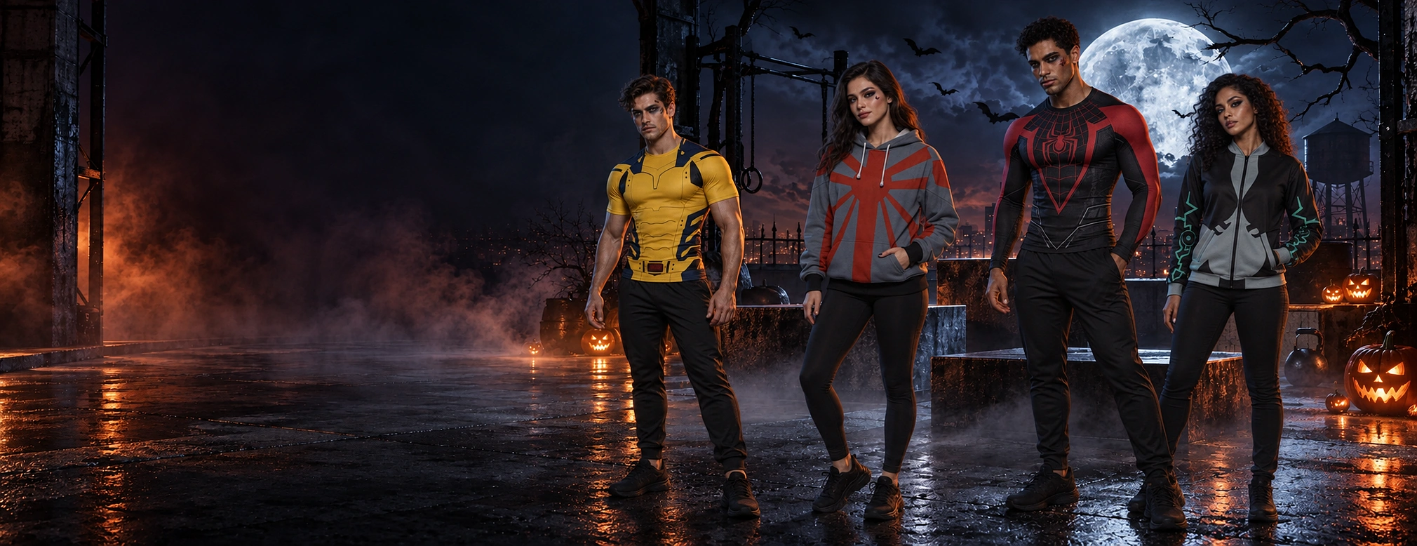 Four models in Halloween makeup wearing bestselling short sleeve and long sleeve compression shirts, a hoodie and a bomber jacket on a moonlit rooftop