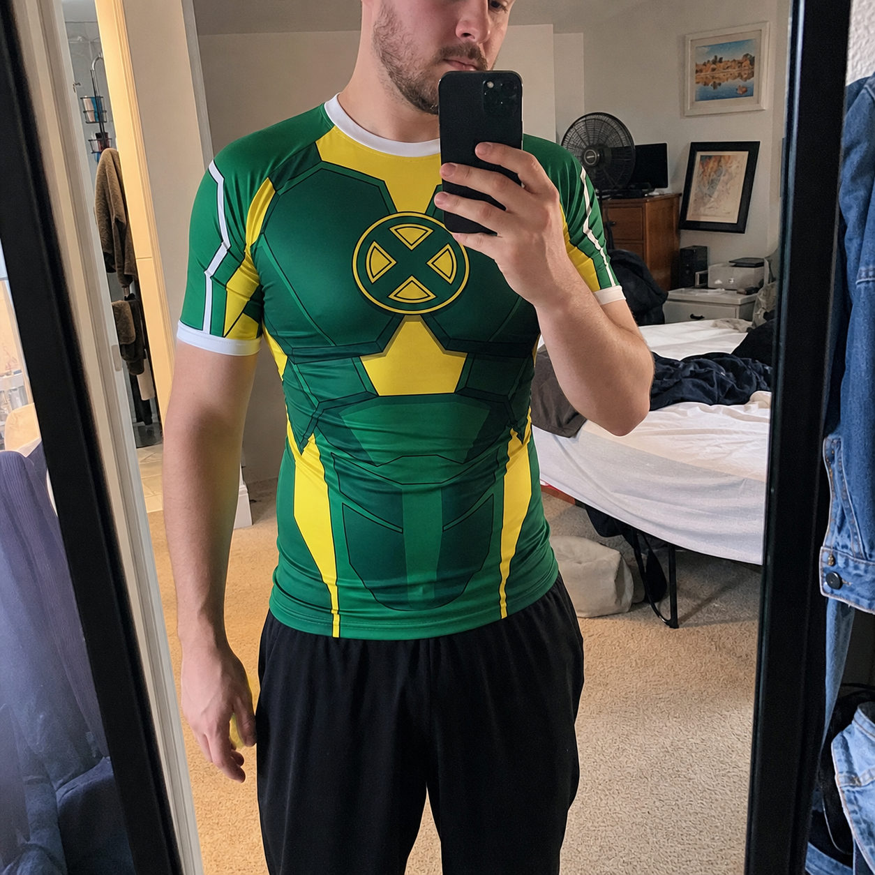 Anna Marie X Men Rogue Superhero Stealth Ops Chevron Patterns Green And Yellow Short Sleeve Compression Shirt