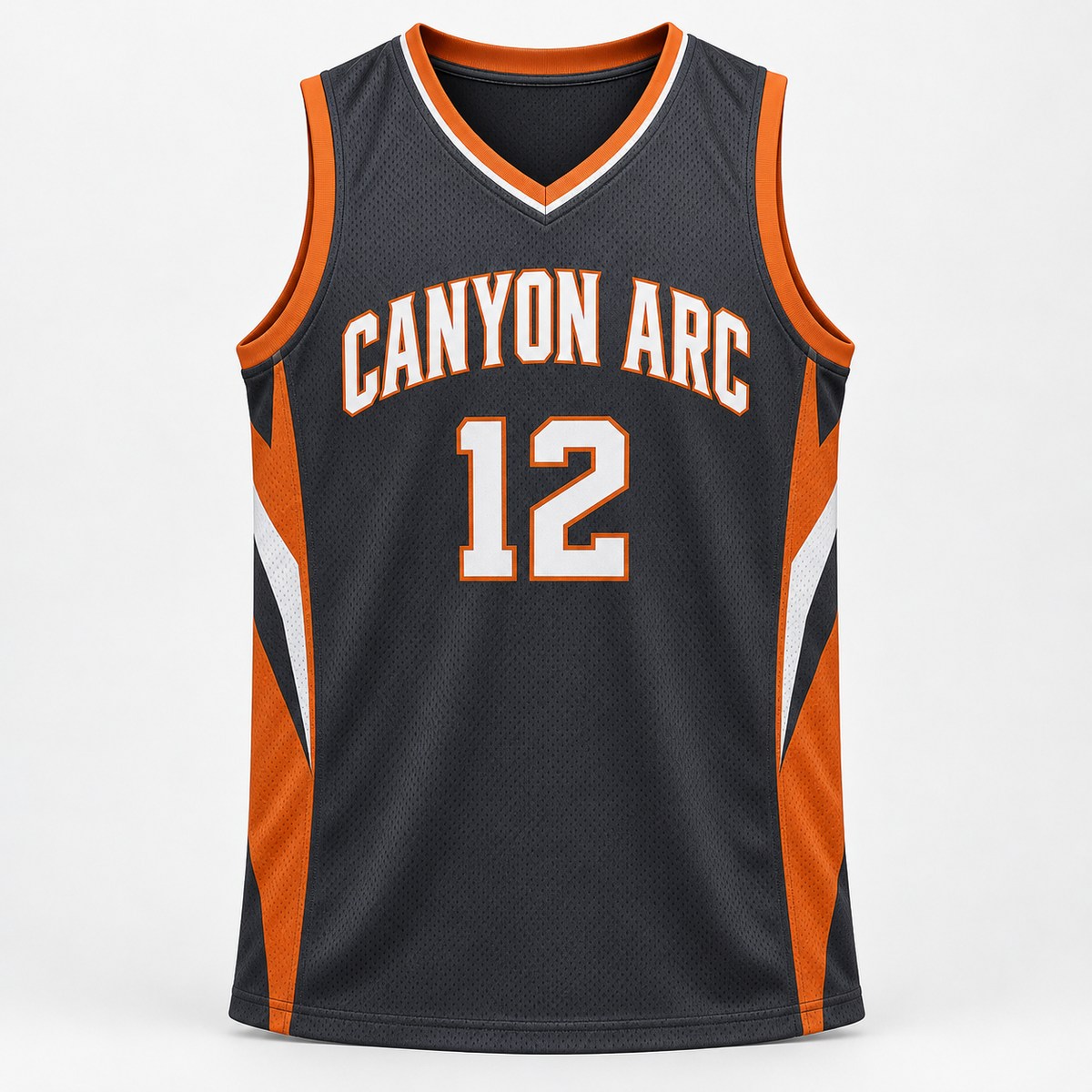 Original charcoal and orange CANYON ARC basketball jersey with number 12