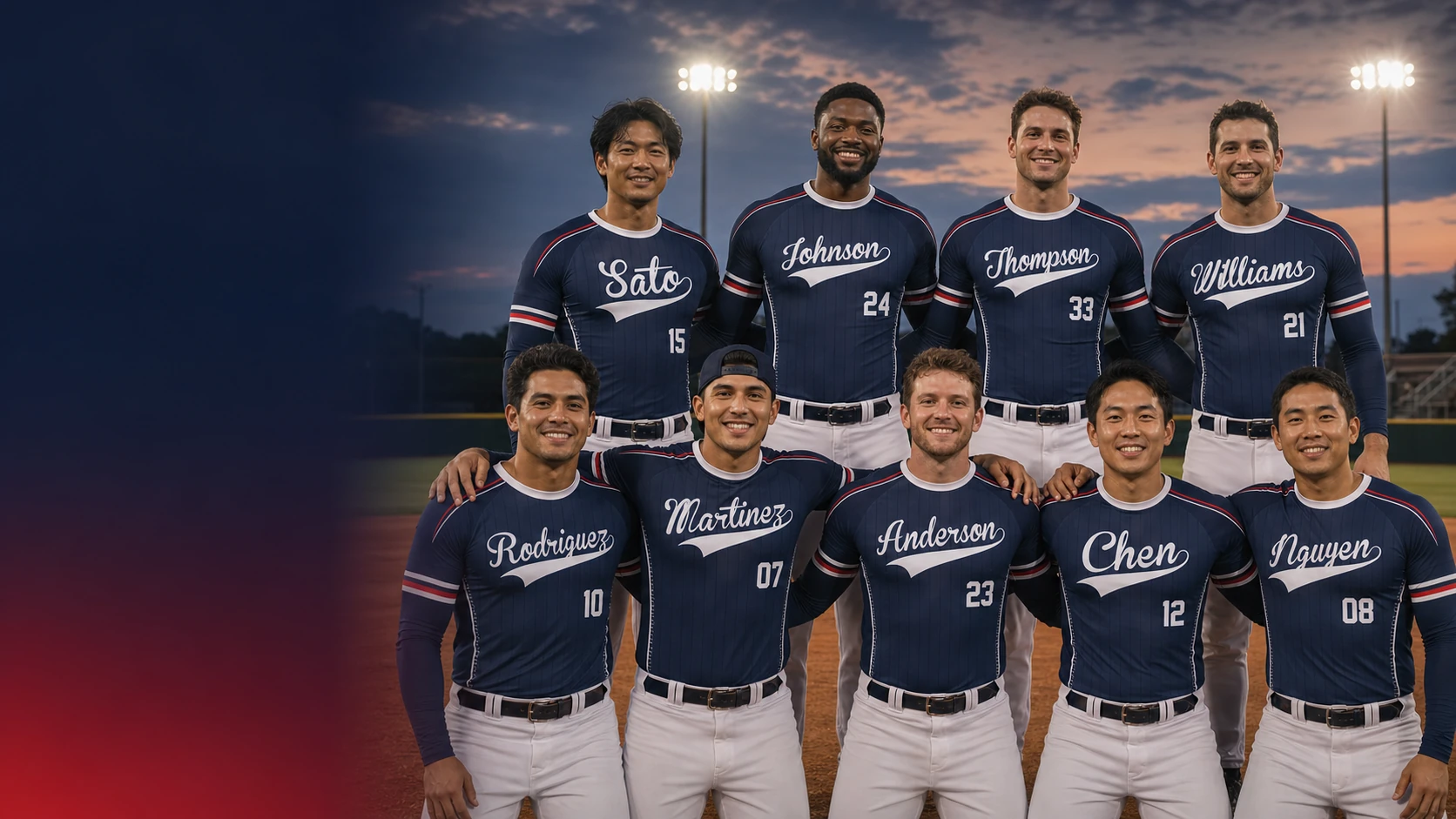 Custom team wearing personalized navy and red compression shirts with printed names and numbers