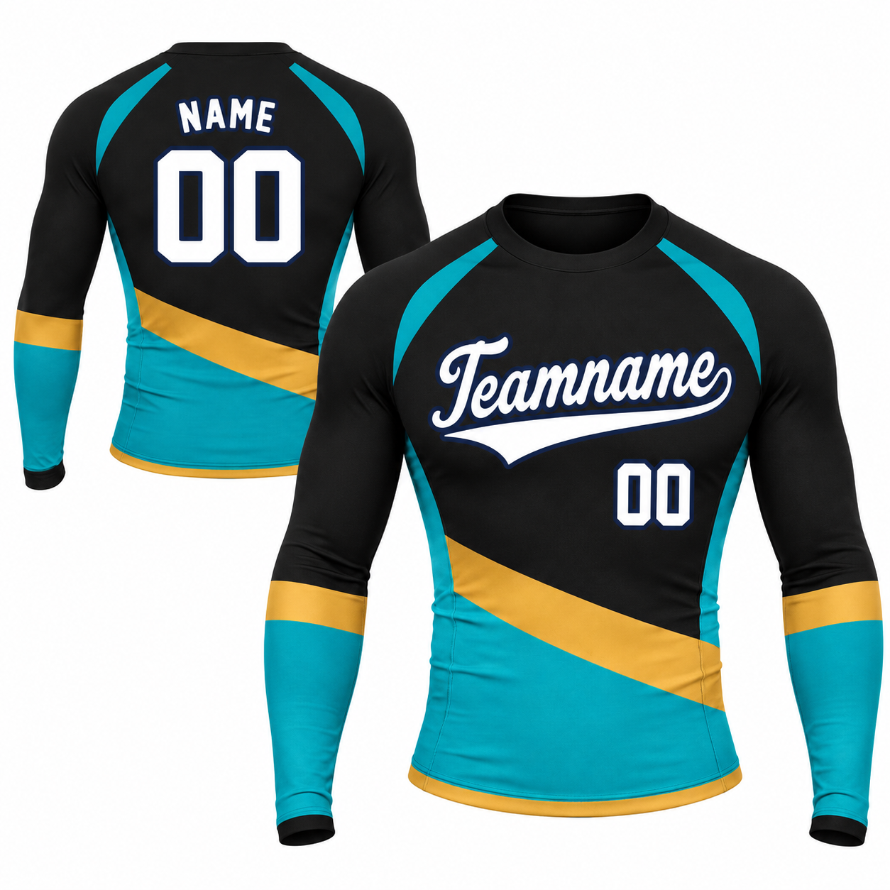 Diagonal Sash Black Primary Cyan Accent Customizable Long Sleeve Compression Shirt