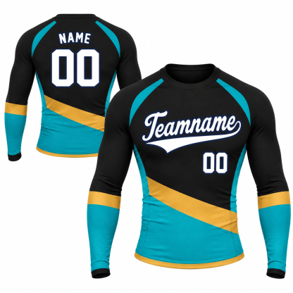 Diagonal Sash Black Primary Cyan Accent Customizable Long Sleeve Compression Shirt