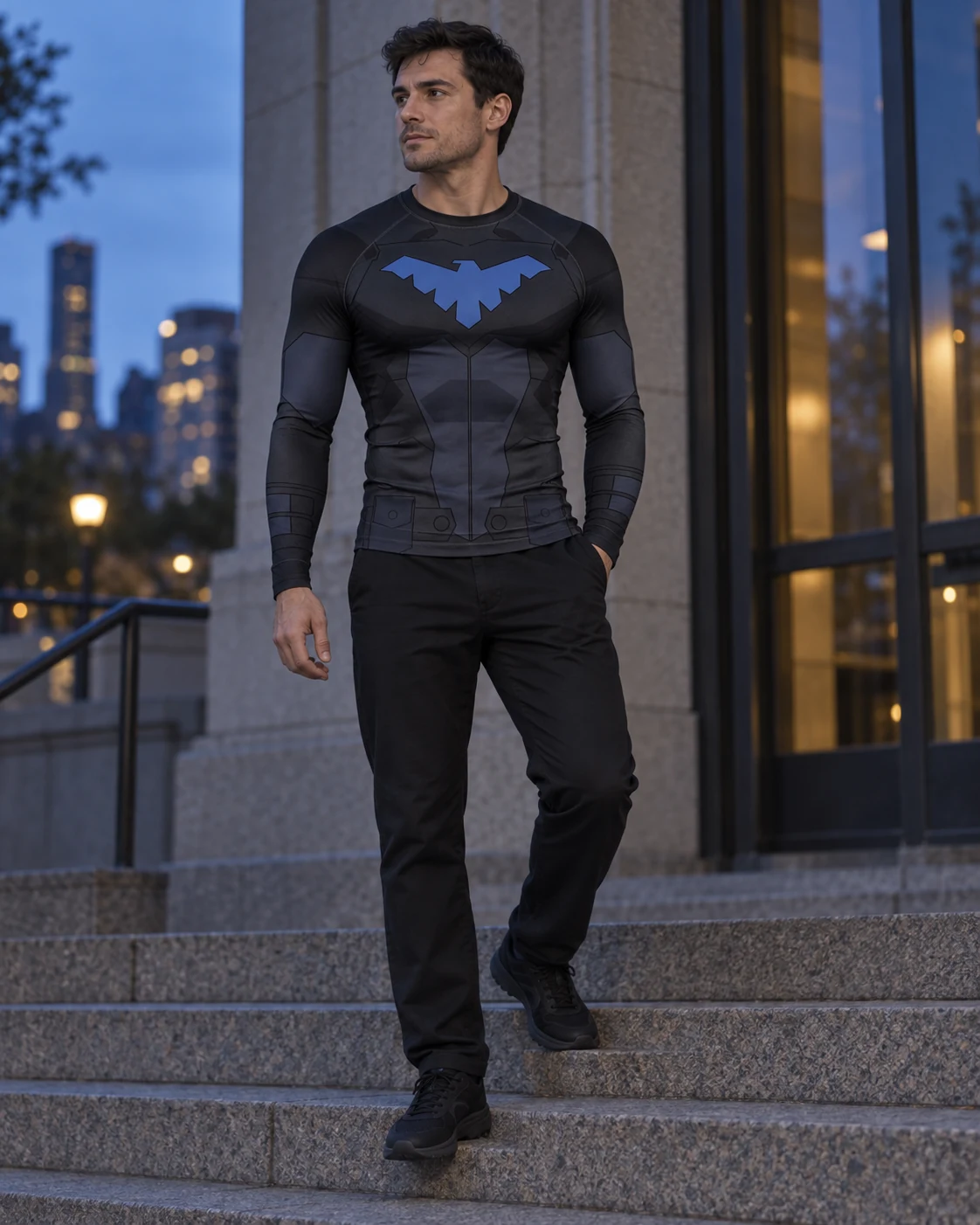 AI-styled look featuring the Young Justice Nightwing Long Sleeve Compression Shirt with black trousers on city steps
