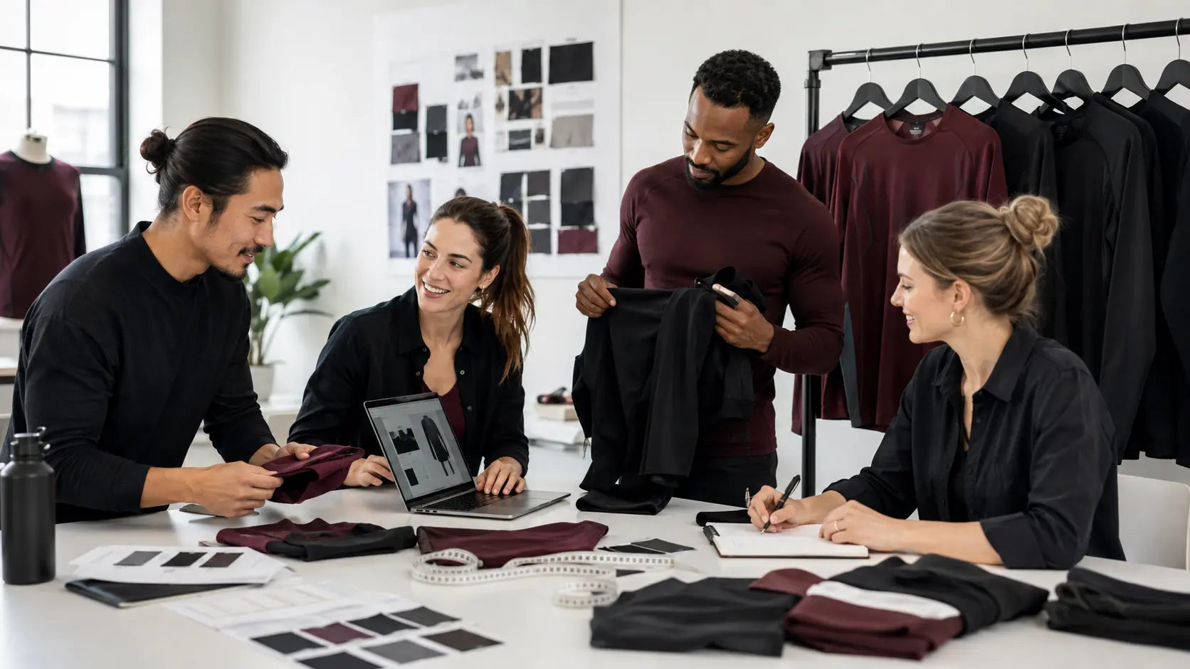 Product team reviewing compression garments in the studio