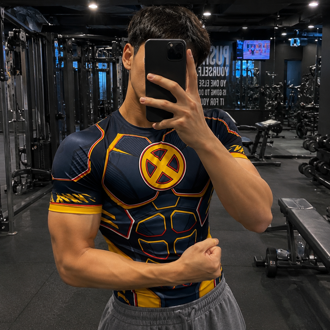 Scott Summers x men Cyclops Superhero Neon Synthwave Angular Vector Blue And Gold Short Sleeve Compression Shirt