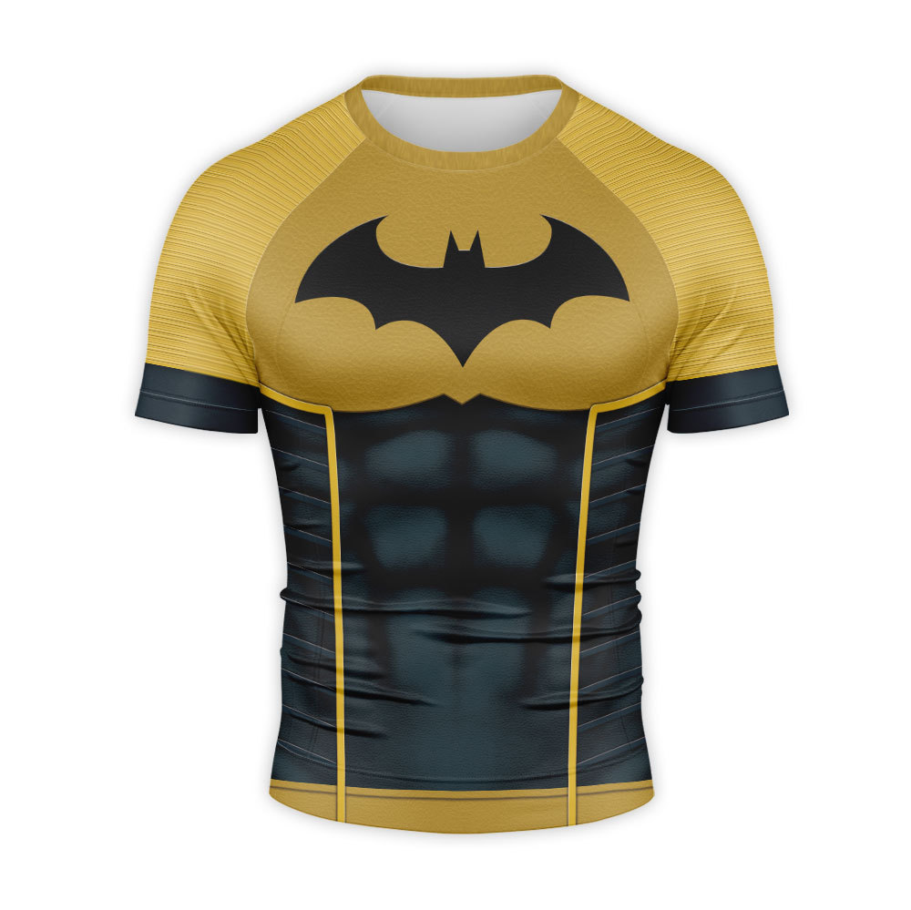 Black Batman Logo Yellow Short Sleeve Compression Shirt