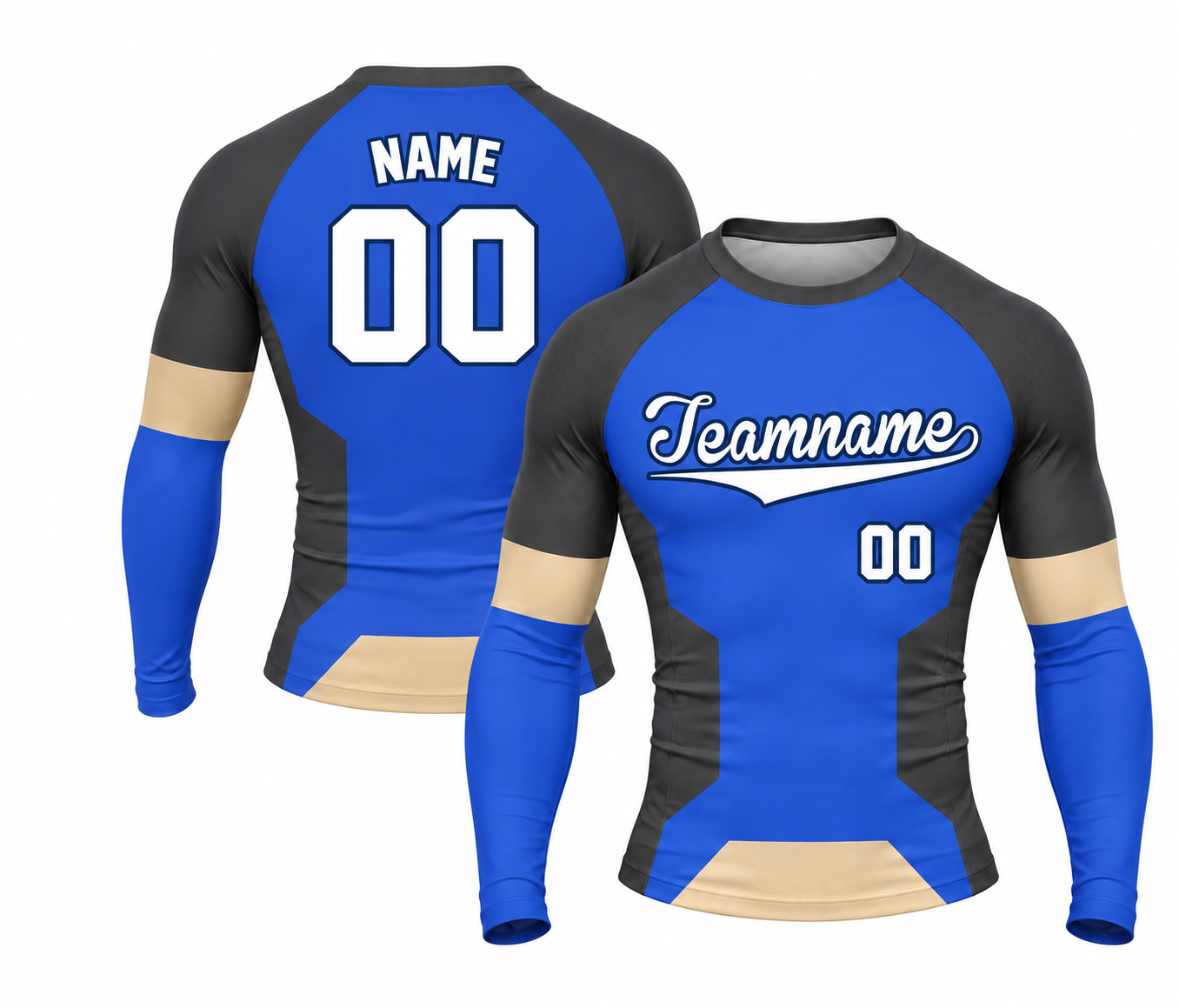[codex-image5:223:1041a7b94e81] Teamname / NAME 00 customization preview for Offset Infield Blocks Blue Customizable Long Sleeve Compression Shirt